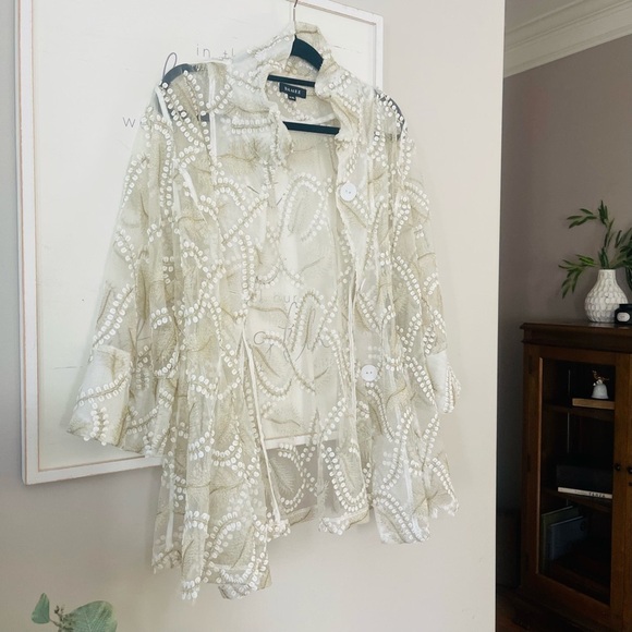 DAMEE Feather Embroidered Sheer Metallic Jacket Gold Shimmer Coat Cream Ivory - Picture 1 of 10